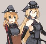  2girls anchor_hair_ornament bag bare_shoulders bismarck_(kantai_collection) blonde_hair blue_eyes breasts bust detached_sleeves green_eyes grey_background grocery_bag hat kantai_collection long_hair looking_at_another low_twintails mikoto_(oi_plus) multiple_girls one_eye_closed peaked_cap prinz_eugen_(kantai_collection) shopping_bag twintails very_long_hair 