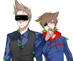  2boys animification antenna_hair bandaged_neck bandages black_necktie black_vest blue_coat blue_shirt brown_hair cigar coat collared_shirt commentary_request drawstring eddsworld eko_endure expressionless eyepatch flipped_hair future_tom_(eddsworld) hair_behind_ear hair_ears head-mounted_display height_difference holding holding_cigar hood hood_down hoodie korean_commentary lcd long_sleeves looking_at_viewer male_focus military_coat military_uniform multiple_boys name_tag necktie plain_epaulettes protected_link red_eyes red_hoodie red_leader_(eddsworld) shirt short_hair simple_background spiky_hair tom_(eddsworld) tord_(eddsworld) vest white_background 
