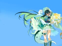  1girl ^_^ absurdres arm_up black_sash blue_background bobby_socks bonnet boots bouquet closed_eyes colored_inner_hair commentary_request crossed_bangs detached_sleeves dress feet_out_of_frame floating_hair floral_print floral_print_dress flower frilled_dress frilled_thigh_strap frills green_boots green_dress green_hair highres holding holding_bouquet japanese_clothes knee_boots lace-up_boots lizard_tail lolita_fashion long_bangs long_hair multicolored_hair nijisanji obi open_mouth porota_rep510 print_dress sash short_dress simple_background sleeveless sleeveless_dress sleeves_past_wrists smile socks solo tail tail_under_clothes thigh_strap togawa_nonoha two-tone_hair very_long_hair virtual_youtuber wa_lolita white_bonnet white_sleeves white_socks yellow_flower 