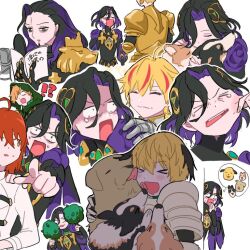  !? >_< 2girls 4boys ahoge aned_(fate) animal_hug armor black_hair blonde_hair cheek_pinching cloak commentary dog fate/grand_order fate_(series) fujimaru_ritsuka_(female) gareth_(fate) gareth_(third_ascension)_(fate) gilgamesh_(fate) hiding hood hooded_cloak john_lackland_(fate) john_lackland_(third_ascension)_(fate) kanibocha licking male_focus microphone multiple_boys multiple_girls orange_hair pinching pointing purple_hair red_hair richard_i_(fate) robin_hood_(fate) scared 