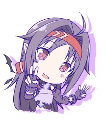  1girl ahoge armor asagi501 bare_shoulders bat_wings black_wings breastplate chibi collared_leotard commentary_request cropped_torso detached_sleeves detached_wings double_w drop_shadow fingerless_gloves gloves hair_intakes hairband hands_up high_collar highleg highleg_leotard highres leotard long_hair long_sleeves multiple_wings pointy_ears purple_armor purple_gloves purple_hair purple_leotard purple_sleeves red_eyes red_hairband sidelocks simple_background solo straight_hair sword_art_online upper_body w white_background wings yuuki_(sao) 