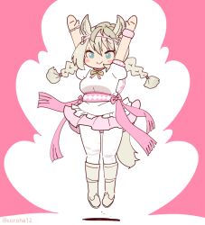 1girl animal_ears arms_up blue_eyes boots commentary_request coroha extra_ears full_body grey_hair hair_ornament horse_ears horse_girl horse_tail jumping kemono_friends kemono_friends_3 long_hair looking_at_viewer neck_ribbon pantyhose pink_background ribbon shirt simple_background skirt solo tail white_thoroughbred_(kemono_friends) wristband 