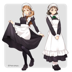  2girls alternate_costume apron black_dress black_pantyhose blush breasts brown_eyes brown_hair dress enmaided frilled_apron frills full_body glasses grey_background headdress high_side_ponytail highres kantai_collection large_breasts littorio_(kancolle) long_hair long_sleeves looking_at_viewer maid maid_apron maid_headdress multiple_girls pantyhose ponytail roma_(kancolle) short_hair siblings side_ponytail sisters smile teramoto_kaoru twitter_username waist_apron wavy_hair white_apron white_background white_pantyhose 