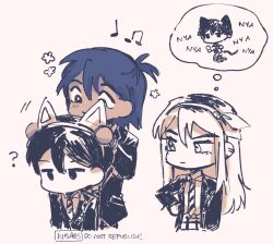  1girl 2boys ? alternate_costume alternate_hairstyle alternate_universe animal_ear_hairband animal_ears artist_name aubrey_(faraway)_(omori) aubrey_(omori) cat_boy cat_ears cat_tail chibi chibi_only closed_mouth collared_shirt commentary diagonal-striped_clothes diagonal-striped_necktie ear_piercing english_commentary fake_animal_ears greyscale hairband hand_on_own_hip kel_(faraway)_(omori) kel_(omori) kiisaes long_hair long_sidelocks long_sleeves looking_at_another monochrome multicolored_hair multiple_boys musical_note necktie no_mouth omori piercing roots_(hair) school_uniform shirt short_hair sidelocks simple_background sketch speech_bubble striped_clothes striped_necktie suit sunny_(omori) tail thought_bubble 