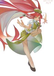 1girl absurdres breasts commentary dated english_commentary english_text fighting_stance green_eyes green_hat green_skirt hat hat_ornament highres hong_meiling long_hair looking_at_viewer open_mouth puffy_short_sleeves puffy_sleeves red_hair short_sleeves side_slit simple_background skirt solo star_(symbol) star_hat_ornament touhou very_long_hair white_background wu_yue_(vuples) 