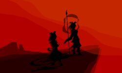  2girls animal_ears eico full_body hagoromo monochrome mouse_ears mouse_girl mouse_tail multiple_girls nazrin polearm red_background red_theme shawl silhouette spear standing tail toramaru_shou touhou weapon wide_shot 