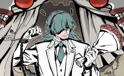  1boy atuhi black_eyes blue_hair blue_necktie bouquet brown_background chain closed_mouth collared_shirt cuffs curtains facial_hair flower genderswap genderswap_(ftm) gloves goatee_stubble hair_over_one_eye hand_up handcuffs hatsune_miku headset highres holding holding_bouquet jacket long_hair looking_at_object male_focus mature_male miku-oji mustache_stubble necktie red_flower red_rose rose shirt solo stubble suit upper_body vest vocaloid waistcoat wedding_suit white_gloves white_jacket white_shirt white_suit white_vest 