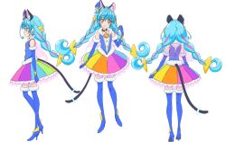  1girl animal_ears black_choker black_tail blue_boots blue_gloves blue_hair boots cat_ears cat_tail choker closed_mouth cure_cosmo elbow_gloves fur-trimmed_boots fur-trimmed_gloves fur_trim gloves hair_ornament hat hat_ornament high_heel_boots high_heels mini_hat mini_top_hat multicolored_hair official_art orange_eyes pink_hair precure rainbow_skirt reference_sheet smile solo standing star_(symbol) star_hat_ornament star_twinkle_precure tail thigh_boots top_hat transparent_background triangle_hair_ornament twintails yuni_(precure) 