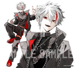  1boy aki_(abblim) bags_under_eyes belt black_belt black_collar black_jacket black_pants black_shirt chain chain_belt chain_leash chain_necklace collar commentary_request company_name copyright_notice double-parted_bangs earrings fang fingernails floating full_body grey_pants grin hair_between_eyes hand_up head_tilt high_collar holding holding_leash holding_own_leash jacket jewelry kuzuha_(nijisanji) layered_clothes leash leg_up long_fingernails long_sleeves looking_at_viewer male_focus mole mole_under_eye multicolored_hair multiple_belts multiple_earrings multiple_views necklace nijisanji o-ring_collar official_alternate_costume official_art open_clothes open_jacket open_mouth pale_skin pants platform_shoes pointy_ears punk reaching reaching_towards_viewer red_belt red_nails red_shoes red_streaks sample_watermark sanpaku sharp_fingernails shirt shoes shoulder_belt simple_background smile spiked_necklace spiky_hair streaked_hair teeth thigh_strap torn_clothes torn_pants tsurime turtleneck two-sided_fabric two-sided_jacket two-tone_pants upper_body upper_teeth_only v-shaped_eyebrows wallet_chain watermark white_background white_hair 