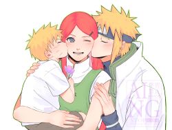  1girl 2boys ;d aged_down blonde_hair blush carrying child child_carry closed_eyes commentary double_cheek_kiss dress facial_mark family flak_jacket flower forehead_protector green_dress green_outline grey_eyes hair_ornament hairclip highres jacket kiss kissing_cheek konohagakure_symbol long_hair long_sleeves multiple_boys namikaze_minato naruto_(series) naruto_shippuuden one_eye_closed open_mouth outline purple_flower red_hair ryuzkks10 shirt short_hair short_sleeves smile spiky_hair untranslatable_commentary upper_body uzumaki_kushina uzumaki_naruto watermark whisker_markings white_background white_shirt 