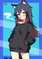  1girl absurdres animal_ears arknights black_hair blue_background breasts cigarette commentary_request hendra highres long_hair long_sleeves looking_at_viewer medium_breasts multicolored_hair red_hair smoking solo tail texas_(arknights) two-tone_hair wolf_ears wolf_girl wolf_tail 