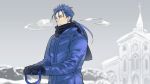  1boy blue_hair breath church coat earrings fate/stay_night fate_(series) gloves jewelry kon_manatsu lancer long_hair ponytail red_eyes shovel solo winter_clothes worktool 
