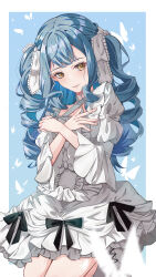  1girl absurdres bang_dream! bang_dream!_it's_mygo!!!!! bell_sleeves black_ribbon blue_hair center_frills criss-cross_halter crossed_arms dress dress_ribbon drill_hair fingernails frilled_dress frilled_hairband frilled_sleeves frills grey_dress hairband halterneck hands_on_own_chest highres nail_polish pink_nails puffy_sleeves redbook_yuki ribbon smile solo squatting togawa_sakiko twin_drills twintails two-tone_dress two_side_up white_dress yellow_eyes 
