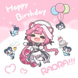  >_< 1girl :3 :d ^_^ absurdres animal_ears balloon birthday_cake blunt_bangs blush_stickers braid cake candle chattino_(raora_panthera) closed_eyes english_commentary english_text fangs food hair_intakes hair_ornament hairclip happy_birthday hat highres hololive hololive_english long_hair maid maid_headdress mpien multicolored_hair open_mouth panther_ears panther_girl panther_tail party_hat party_popper pink_hair raora_panthera smile solo streaked_hair tail thigh-highs twin_braids virtual_youtuber white_hair xd 