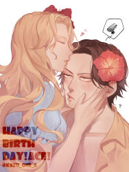  1boy 1girl black_hair blonde_hair blush closed_eyes commentary_request flower freckles hair_flower hair_ornament happy_birthday heart hibiscus highres kazuto_(kazu_one_a) kiss kissing_forehead mother_and_child mother_and_son one_piece parent_and_child portgas_d._ace portgas_d._rouge puffy_short_sleeves puffy_sleeves short_sleeves simple_background spoken_squiggle squiggle white_background 
