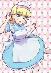  1girl alice_(alice_in_wonderland) alice_(alice_in_wonderland)_(cosplay) apron bemikabemika blonde_hair blue_dress club_(shape) cosplay diamond_(shape) dress enmaided feet_out_of_frame flipped_hair goha_yuuna green_eyes hairband heart maid maid_apron maid_headdress open_mouth pink_background pink_hairband short_sleeves solo spade_(shape) sweatdrop white_apron yu-gi-oh! yu-gi-oh!_go_rush!! 