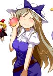  2girls blonde_hair bow closed_eyes food fruit gerijita hair_bow hair_ribbon hat long_hair multiple_girls peach purple_hair ribbon short_hair skirt smile su-san touhou watatsuki_no_toyohime watatsuki_no_yorihime wings 