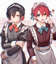  2boys :d ? adol_christin ahoge apron black_eyes black_hair blue_necktie blush crossdressing crossdressing_(mtf) curtained_hair dated double-parted_bangs eiyuu_densetsu embarrassed enmaided floral_background hair_between_eyes hand_on_own_arm highres joshua_bright long_sleeves maid maid_apron maid_headdress male_focus male_maid multiple_boys neckerchief necktie official_alternate_costume open_mouth red_hair red_neckerchief simple_background small_sweatdrop smile sora_no_kiseki upper_body willfin yellow_eyes ys 