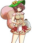  1girl bell brown_eyes brown_hair futatsuiwa_mamizou glasses gourd hat highres impossible_clothes impossible_shirt large_breasts mono_(moiky) notepad raccoon_tail smile tail touhou 