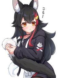  1girl animal_ear_fluff animal_ears black_choker black_hair black_hoodie black_pantyhose black_shorts choker closed_mouth hair_ornament hairpin highres holding_own_tail hololive hood hoodie long_hair looking_at_viewer morotade_kudou multicolored_hair official_alternate_costume ookami_mio ookami_mio_(hoodie) pantyhose red_streaks shorts solo streaked_hair tail two-tone_hoodie very_long_hair virtual_youtuber white_hoodie wolf_ears wolf_girl wolf_tail yellow_eyes 
