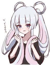  1girl black_shirt blue_eyes blush cho_kaguya-hime! commentary grey_hair hair_rings highres long_hair looking_at_viewer multicolored_eyes multicolored_hair open_mouth pink_hair runami_yachiyo shirt short_sleeves simple_background small_sweatdrop solo translated tunakou27 twintails two-tone_hair very_long_hair violet_eyes white_background 