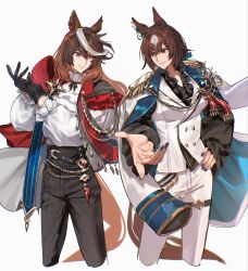  2girls adjusting_clothes aiguillette alternate_costume animal_ears belt black_gloves black_pants black_shirt blue_nails brown_hair buttons coat commentary_request cowboy_shot double-breasted ear_ornament epaulettes frilled_shirt frills gloves hair_between_eyes hakushaku_(hakus_1128) highres horse_ears jacket jacket_on_shoulders long_hair multicolored_hair multiple_girls nail_polish pants red_eyes shirt simple_background sirius_symboli_(umamusume) streaked_hair symboli_rudolf_(umamusume) thigh_belt thigh_strap umamusume very_long_hair white_background white_hair white_jacket white_pants white_shirt 