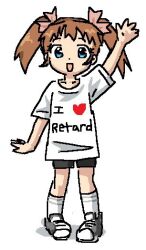  1girl black_shorts blue_eyes brown_hair english_text grey_shoes hair_ribbon looking_at_viewer lunchbox45 open_mouth pink_ribbon ribbon shirt shoes short_shorts shorts smile socks solo standing twintails waving white_background white_shirt white_socks 