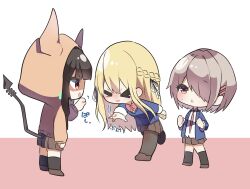  >_< 3girls asakura_karen_(heaven_burns_red) black_hair blonde_hair braid brown_hair chibi chibi_only commentary_request hair_ornament hair_ribbon hairpin heaven_burns_red highres kayamori_ruka long_hair multiple_girls open_mouth puyopiku red_eyes ribbon short_hair sweatdrop toujou_tsukasa white_ribbon 