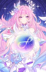  1girl absurdres amphoreus_(honkai:_star_rail) aqua_hair bare_shoulders commentary cyrene_(demiurge)_(honkai:_star_rail) cyrene_(honkai:_star_rail) daquanquan31967 diamond-shaped_pupils diamond_(shape) dress earrings flower hair_flower hair_ornament highres holding holding_orb honkai:_star_rail honkai_(series) jewelry long_hair mobius_strip multicolored_hair orb pink_hair pointy_ears sky smile solo star_(sky) starry_sky symbol-shaped_pupils very_long_hair violet_eyes white_dress white_hair 