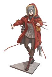  1010kman 1girl animal_ears arknights boots brown_pants cape dagger full_body highres holding holding_dagger holding_knife holding_weapon hood hood_up hooded_coat knife mask pants pouch projekt_red_(arknights) red_cape respirator solo tail transparent_background weapon wolf_ears wolf_girl wolf_tail 