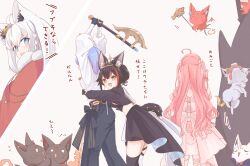  4girls absurdres ahoge animal_ear_fluff animal_ear_piercing animal_ears axe belt black_gloves black_hair black_jacket black_pants blue_eyes bow cape chamomile_(kazumasa) commentary_request crown dress food fox_ears fox_girl frilled_dress frilled_thigh_strap frills fur-trimmed_cape fur_trim gloves gold_belt gold_crown gold_tiara highres holding hololive hoshimachi_suisei hoshimachi_suisei_(spectra_of_nova) jacket long_hair long_sleeves medium_hair multicolored_hair multiple_girls ookami_mio ookami_mio_(our_sparkle) open_mouth pants pink_dress pink_hair red_streaks sakura_miko sakura_miko_(flower_fantasista!) shirakami_fubuki shirakami_fubuki_(fbkingdom) shirt streaked_hair sukonbu_(shirakami_fubuki) tail taiyaki thigh_strap tiara translation_request two-tone_skirt virtual_youtuber wagashi waist_bow white_hair white_shirt wolf_ears wolf_girl wolf_tail zombification 
