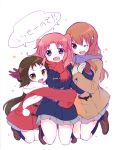  3girls :d ;d blush brown_eyes brown_hair fang girl_sandwich gloves hair_ornament jumping long_hair looking_at_viewer mikakunin_de_shinkoukei mitsumine_mashiro multiple_girls one_eye_closed open_mouth orange_hair pink_eyes pink_hair sandwiched scarf shared_speech_bubble short_hair skirt smile socks speech_bubble tarabagani translation_request violet_eyes yonomori_benio yonomori_kobeni 