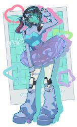  1girl absurdres android arm_up black_hair blue_boots blue_dress boots character_name commentary_request copyright_name dress drop_shadow full_body grid_background highres jewelry joints kameoka908 kurusu_makina_(milky_galactic_universe) looking_at_viewer loose_socks mechanical_legs milky_subway necklace platform_boots robot_girl robot_joints socks solo standing tutu twintails 