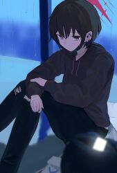  1girl absurdres bandaged_hand bandaged_neck bandages black_hair black_hoodie black_mask black_pants blue_archive commentary ear_piercing earrings grey_eyes hair_between_eyes halo herakuchi highres hood hoodie jewelry looking_at_viewer mask misaki_(blue_archive) mouth_mask pants piercing red_halo solo stud_earrings torn_clothes torn_pants 