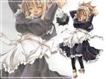  1girl aburidashi_zakuro apron arms_up blonde_hair breasts dress frills huge_breasts impossible_clothes impossible_dress maid maid_headdress open_mouth pantyhose smile solo_focus spike_ball wallpaper weapon zoom_layer 