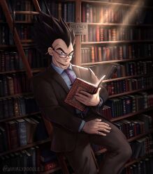  1boy absurdres alternate_costume artist_name bespectacled black-framed_eyewear black_eyes black_hair book bookshelf brown_jacket brown_panties closed_mouth collared_shirt dragon_ball dragon_ball_(object) english_text formal_clothes glasses half-closed_eyes hand_on_own_hip highres holding holding_book indoors jacket jewelry ladder lapels leaning_on_object library light_particles light_rays long_sleeves looking_at_viewer male_focus meme necktie notched_lapels on_ladder open_book panties pants pencil pencil_behind_ear pinky_ring purple_necktie raised_eyebrow ring shirt silver_ring solo spiky_hair standing suit twitter_username underwear vegeta vegeta_reading_(meme) watch watch whirlydoodle white_shirt 