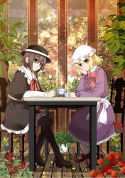  2girls black_capelet black_hat black_skirt black_thighhighs blonde_hair boots brown_boots brown_eyes brown_hair capelet chair closed_mouth dress hat head_rest highres looking_at_viewer maribel_hearn mob_cap multiple_girls on_chair plant potted_plant purple_dress red_shoes shirt shoes short_hair sitting skirt smile table thigh-highs touhou usami_renko usuusu violet_eyes white_hat white_shirt 