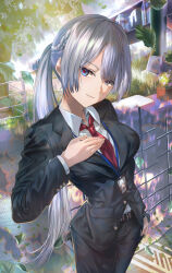  1girl absurdres ak-15_(girls'_frontline) belt black_jacket blue_eyes braid breasts brown_belt collared_shirt commentary_request crosswalk dress_shirt girls'_frontline_2:_exilium girls_frontline grass grey_hair hand_on_own_chest head_tilt highres id_card jacket lanyard leaf long_hair looking_at_viewer medium_breasts mosta_(lo1777789) necktie pants plant ponytail potted_plant red_necktie red_pupils shirt solo suit swept_bangs tree very_long_hair voymastina_(girls'_frontline_2) white_shirt 