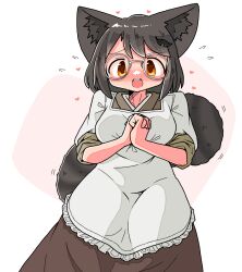  1girl animal_ear_fluff animal_ears apron blush breasts brown_kimono brown_skirt commentary_request flying_sweatdrops futatsuiwa_mamizou grey_hair hair_ornament interlocked_fingers japanese_clothes kappougi kasuya_baian kimono large_breasts leaf_hair_ornament looking_at_viewer loving_aura motion_lines open_mouth orange_eyes own_hands_together raccoon_ears raccoon_girl raccoon_tail short_hair skirt sleeves_rolled_up solo tail touhou white_apron 