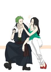  +++ 1boy 1girl ^_^ aqua_shirt black_hair chikichiki_(robitema) closed_eyes commentary_request eating food food_on_face green_hair haramaki heart holding holding_food japanese_clothes kimono long_hair nico_robin one_piece onigiri pants roronoa_zoro sash shirt short_hair sitting spaghetti_strap white_pants 
