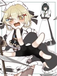  2girls @_@ alternate_costume apron blonde_hair blue_eyes blurry blurry_foreground blush braid braided_hair_rings bright_pupils broom closed_eyes closed_mouth crossed_arms dress enmaided fingerless_gloves foreshortening genshin_impact gloves green_hair hair_between_eyes hair_rings highres holding holding_broom jahoda_(genshin_impact) leaning_forward long_sleeves maid maid_apron maid_headdress mechanical_arms medium_hair mismatched_pupils multicolored_eyes multiple_girls nefer_(genshin_impact) nervous open_mouth outstretched_arm outstretched_hand paper partially_shaded_face prosthesis prosthetic_arm raised_inner_eyebrows reaching single_glove single_mechanical_arm single_thighhigh smile spread_fingers standing star-shaped_pupils star_(symbol) sweat symbol-shaped_pupils thigh-highs torn_clothes torn_thighhighs two-tone_eyes uneven_eyes utugi_fa white_apron white_pupils yellow_eyes 