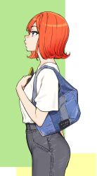  100-kai_furareta_zetsubou-teki_ni_motenai_ore_o_awarenda_kareshi_ari_onna_tomodachi_ga_nandemo_eroi_koto_yarasete_kureta!! 1girl ayase_riho bag black_pants blue_bag closed_mouth commentary_request dress from_side green_background highres holding holding_phone looking_up medium_hair multicolored_eyes orange_hair pants phone shirt shiwasu_no_okina simple_background solo standing swept_bangs white_background white_shirt 