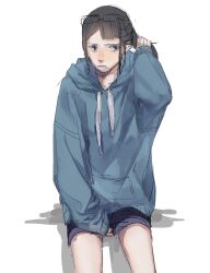  1girl ayaki_(43510) black_hair blue_hoodie commentary eizouken_ni_wa_te_wo_dasu_na! eyewear_on_head freckles glasses highres hood hood_down hoodie kanamori_sayaka long_hair simple_background solo white_background 