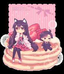 1boy 1girl animal_ears animated animated_gif black_hair black_pantyhose blinking bubble character_doll commentary commission dav-19 doll dress english_commentary food fruit han_jumin jacket long_hair lowres open_clothes open_jacket original pancake pancake_stack pantyhose pink_dress pink_jacket pixel_art red_eyes red_shoes shoes sitting sneakers solo strawberry susanghan_messenger tail transparent_background very_long_hair wolf_ears wolf_girl wolf_tail
