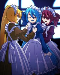  3girls akita_neru alternate_costume apron artist_name blonde_hair blue_dress blue_hair blue_nails bow closed_eyes dress drill_hair enmaided frilled_apron frilled_dress frills hair_between_eyes hatsune_miku highres juliet_sleeves kasane_teto long_hair long_sleeves maid maid_apron maid_day maid_headdress maki_roll114 multiple_girls parted_lips puffy_sleeves red_dress red_eyes red_hair short_hair side_ponytail triple_baka_(group) twin_drills twintails twitter_username utau vocaloid waist_apron white_apron white_bow window wrist_cuffs yellow_dress yellow_eyes yellow_nails 