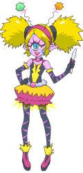  1girl afro_puffs blonde_hair blue_eyes colored_skin cyclops elbow_gloves eyewon_(precure) full_body gloves hairband hand_on_own_hip holding official_art one-eyed open_mouth pantyhose pointy_ears precure purple_pupils purple_skin smile solo standing star_twinkle_precure transparent_background 
