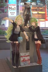  2girls absurdres ahoge alaskastomatoez alternate_costume bag beer_can black_jacket black_shorts black_skirt boots braid building can closed_mouth commentary commission contemporary double_v drink_can english_commentary facing_viewer fire_emblem fire_emblem_awakening green_hair highres holding holding_can jacket long_hair long_sleeves looking_at_viewer mother_and_child multiple_girls nah_(fire_emblem) nowi_(fire_emblem) open_clothes open_jacket outdoors parent_and_child pointy_ears red_boots second-party_source shibuya_(tokyo) short_shorts shorts shoulder_bag skirt statue thighs tokyo_(city) twin_braids v very_long_hair violet_eyes 