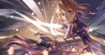  1girl armor armored_dress blonde_hair blue_eyes fate/stay_night fate_(series) highres juliet_sleeves long_sleeves looking_at_viewer metal_gloves puffy_sleeves revision saber solo sword weapon zicai_tang 