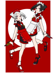  1girl a.k.i._(street_fighter) apron black_hair chinese_clothes claw_(weapon) claw_ring dress earrings highres jewelry maid_apron maid_headdress mary_janes mole mole_under_mouth red_eyes red_lips sanagino shoes short_hair smile solo street_fighter street_fighter_6 tassel tassel_earrings weapon white_hair wrist_cuffs 