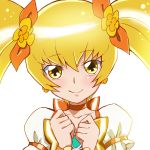  1girl absurdres blonde_hair blush bow choker cure_sunshine earrings flower flower_earrings hair_bow heartcatch_precure! highres jewelry long_hair magical_girl myoudouin_itsuki precure puffy_short_sleeves puffy_sleeves sharumon short_sleeves smile solo twintails yellow_eyes 